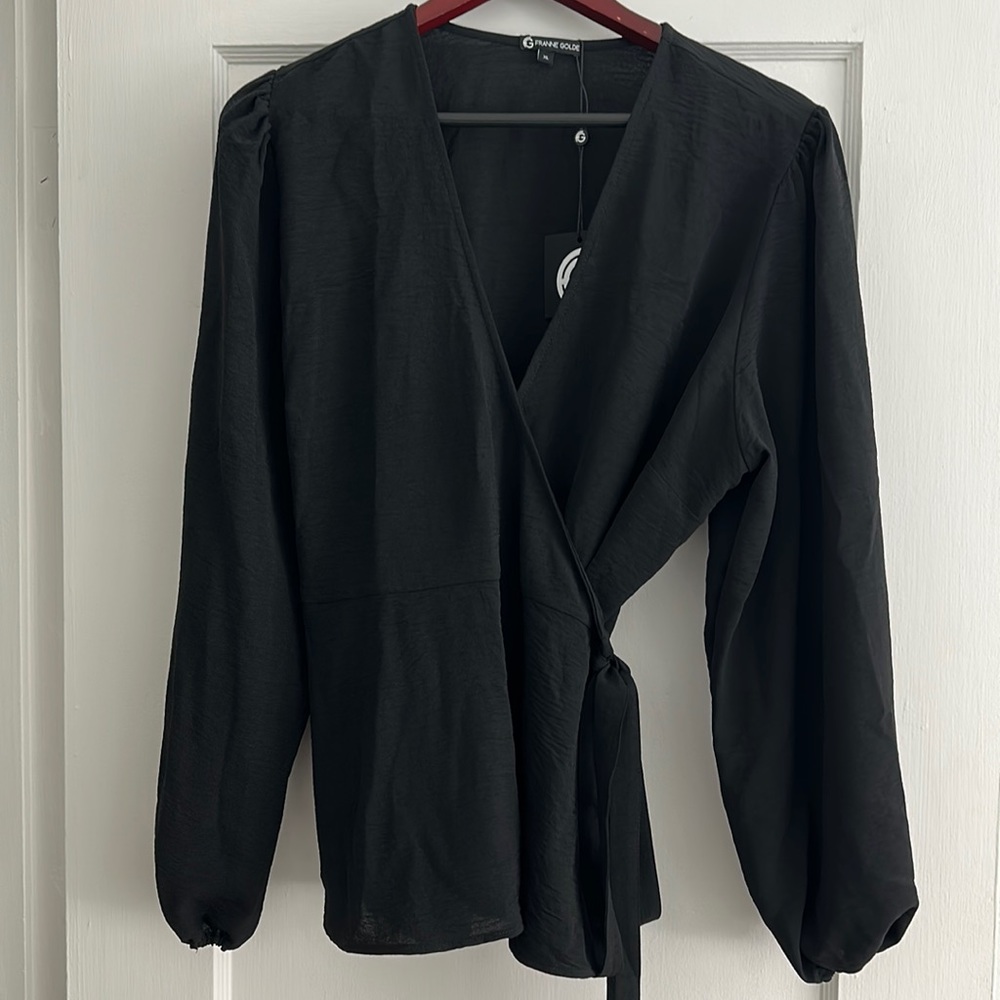 Franne Golde classic black wrap blouse XL